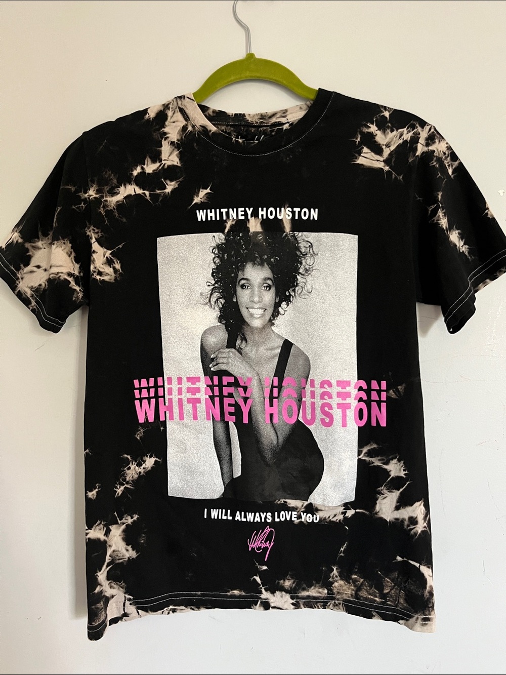 Whitney Houston Black Tie-Dye Graphic Tee with Pink Logo